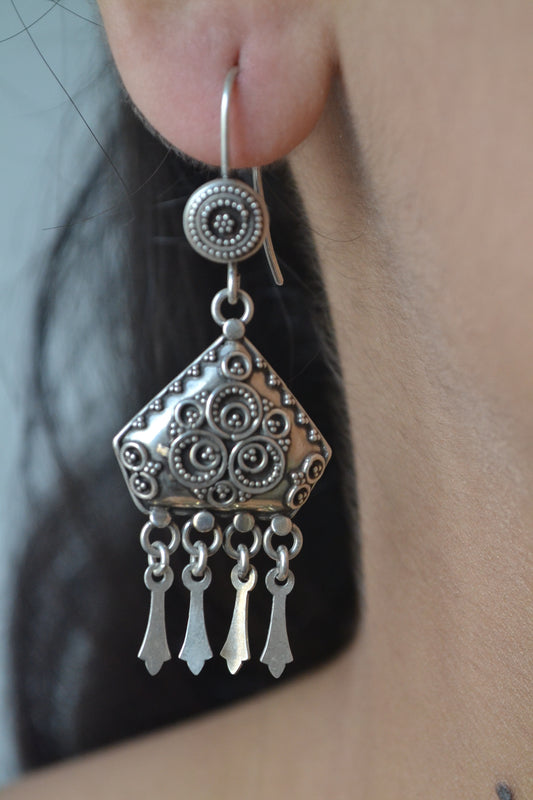 Nitya Earrings – Oxidised 925 Silver Tribal Dangle Earrings with Spiral Motifs