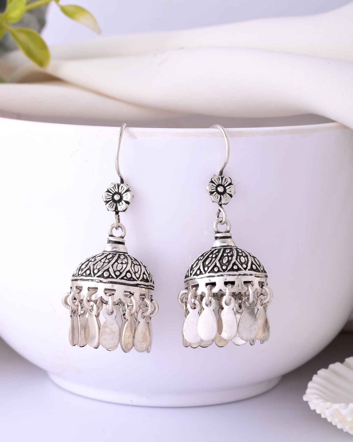 Naaz Jhumkas – Floral Top 925 Silver Dome Earrings with Dangling Petals