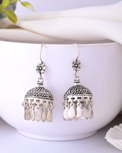 Naaz Jhumkas – Floral Top 925 Silver Dome Earrings with Dangling Petals