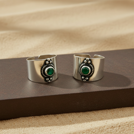 Green Stone Wide 925 Silver Toe Ring