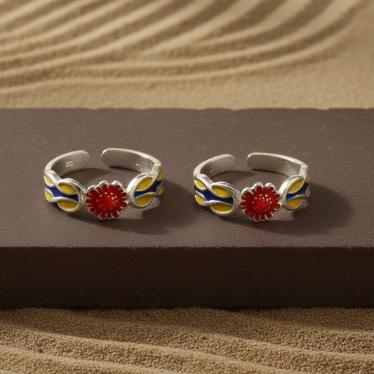 Red Enamel Flower Adjustable Silver Ring | Handcrafted 925 Sterling Silver Colorful Band