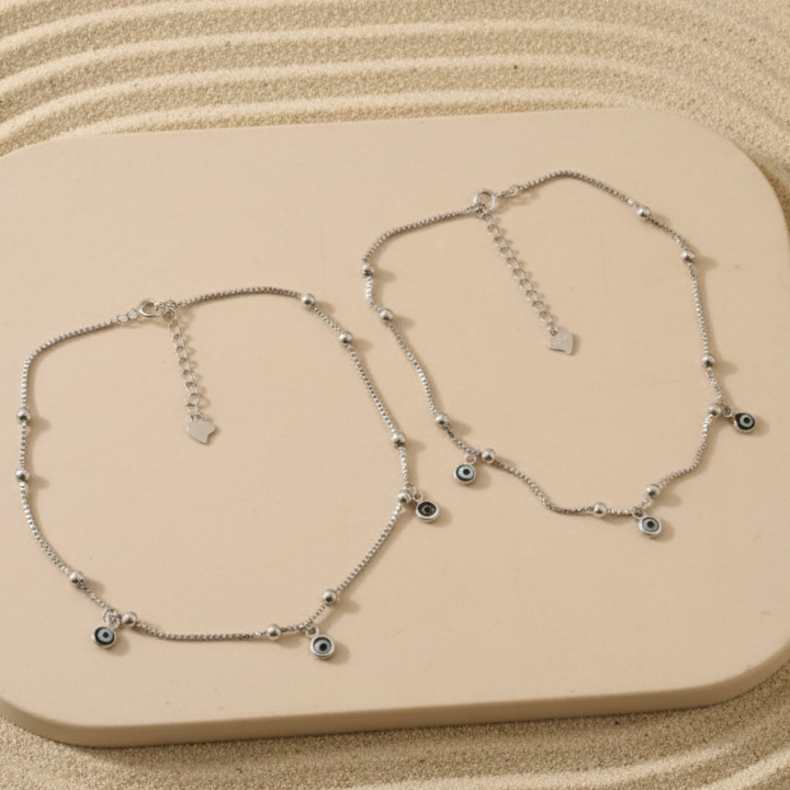 Silver Evil Eye Anklet | Adjustable Protection Anklet | Sterling Silver Beaded Jewelry