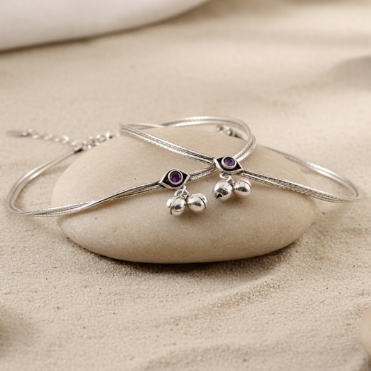 925 Silver Evil Eye Anklet with Purple Stone – Protective Boho Jewelry for Women