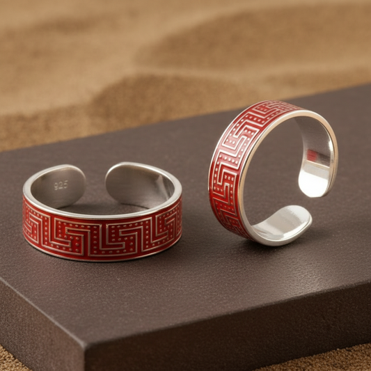 925 Silver Adjustable Toe Rings with Red Enamel Pattern – Handmade Ethnic Foot Jewelry