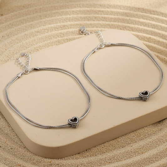 925 Silver Double Chain Anklet with Oxidized Heart Charm – Adjustable Women’s Foot Jewelry