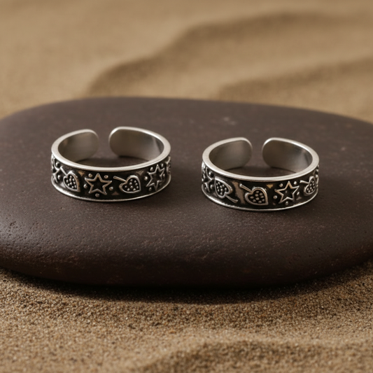 925 Silver Adjustable Toe Ring with Star, Heart & Moon Design – Handmade Boho Jewelry