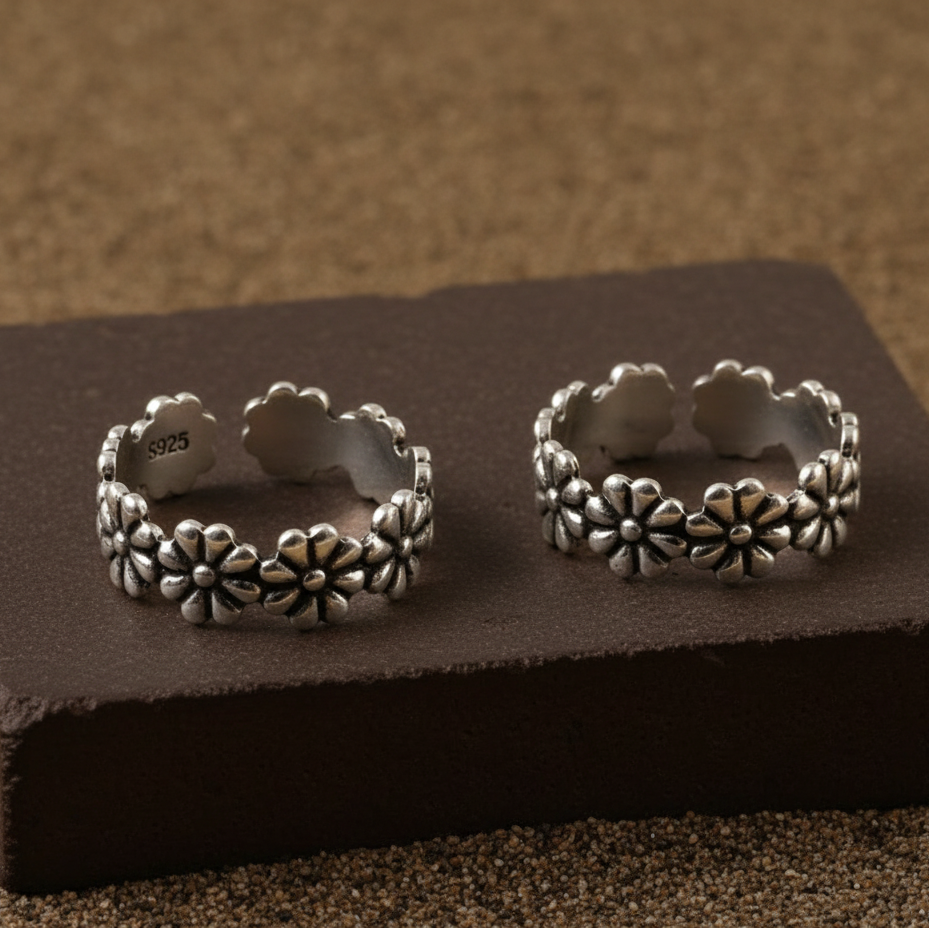 925 Silver Adjustable Daisy Flower Toe Rings – Boho Floral Foot Jewelry