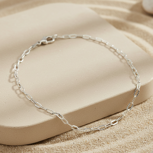 925 Sterling Silver Twisted Oval Link Anklet – Minimal Textured Silver Anklet for Women
