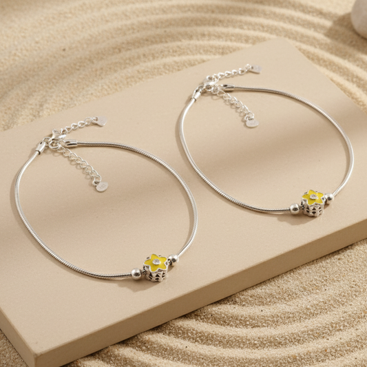 925 Silver Adjustable Anklet with Yellow Flower Charm – Handmade Enamel Jewelry