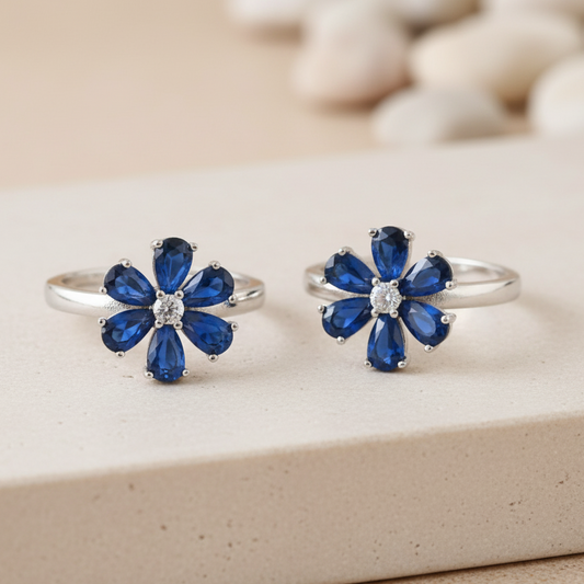 Blue Flower Silver Toe Ring | 925 Sterling Silver Adjustable Floral Toe Ring for Women