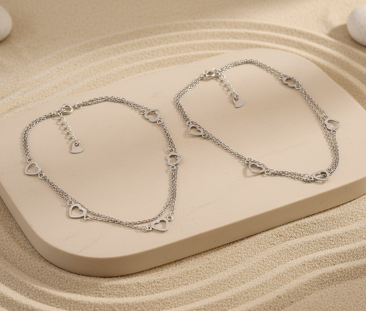 Sterling Silver Heart Anklet – Double Chain Open Heart Charm Jewelry for Women & Girls