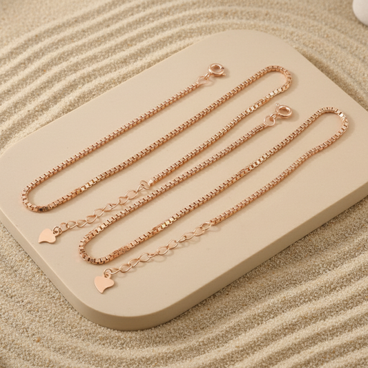 Rose Gold Box Chain Anklet with Heart Charm | Minimal Adjustable Anklet | Everyday Silver Jewelry