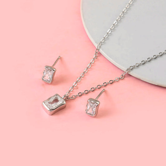 925 Sterling Silver Necklace and Stud Set | Minimal Baguette CZ Pendant & Earring Set for Women