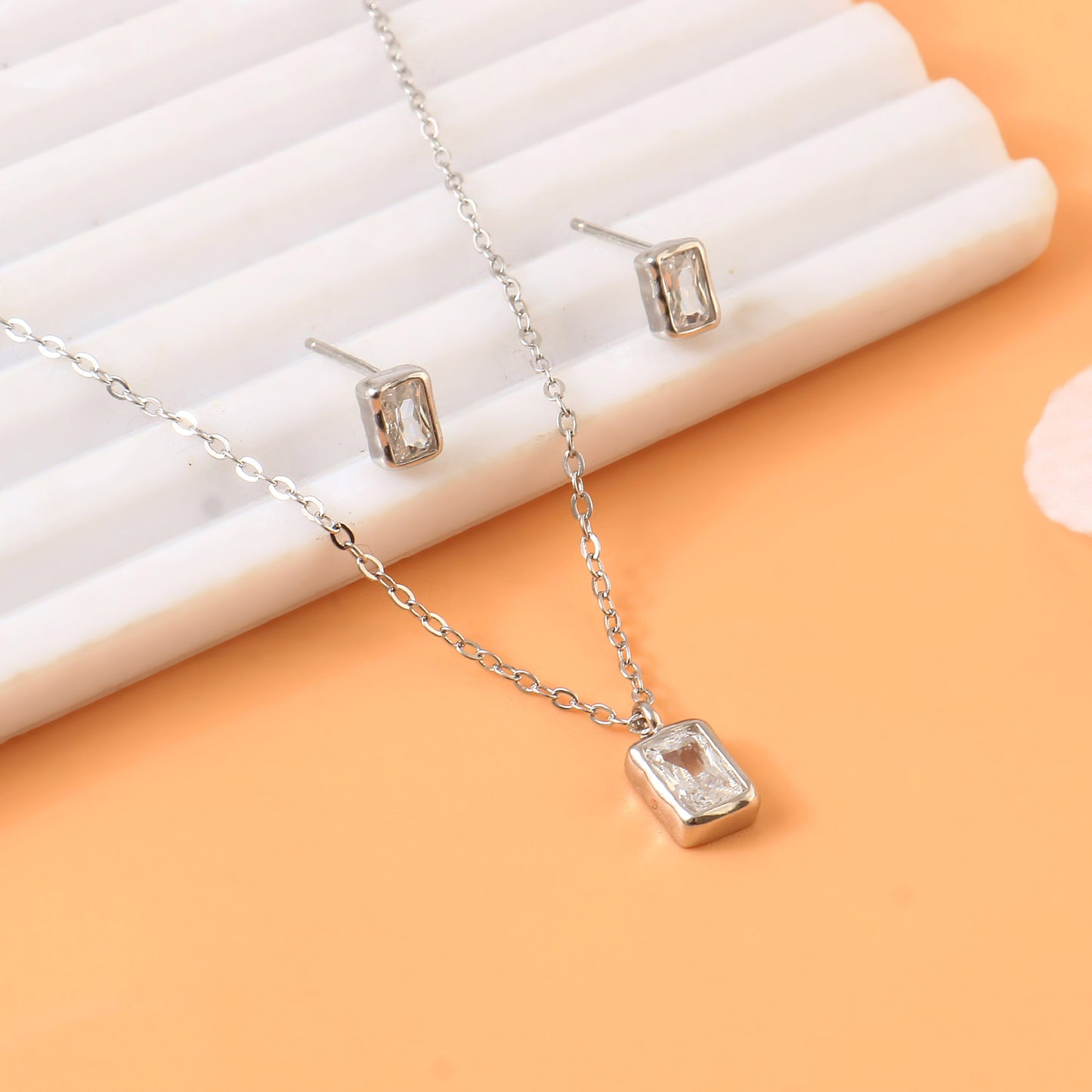 925 Sterling Silver Necklace and Stud Set | Minimal Baguette CZ Pendant & Earring Set for Women