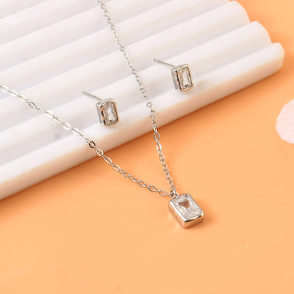 925 Sterling Silver Necklace and Stud Set | Minimal Baguette CZ Pendant & Earring Set for Women