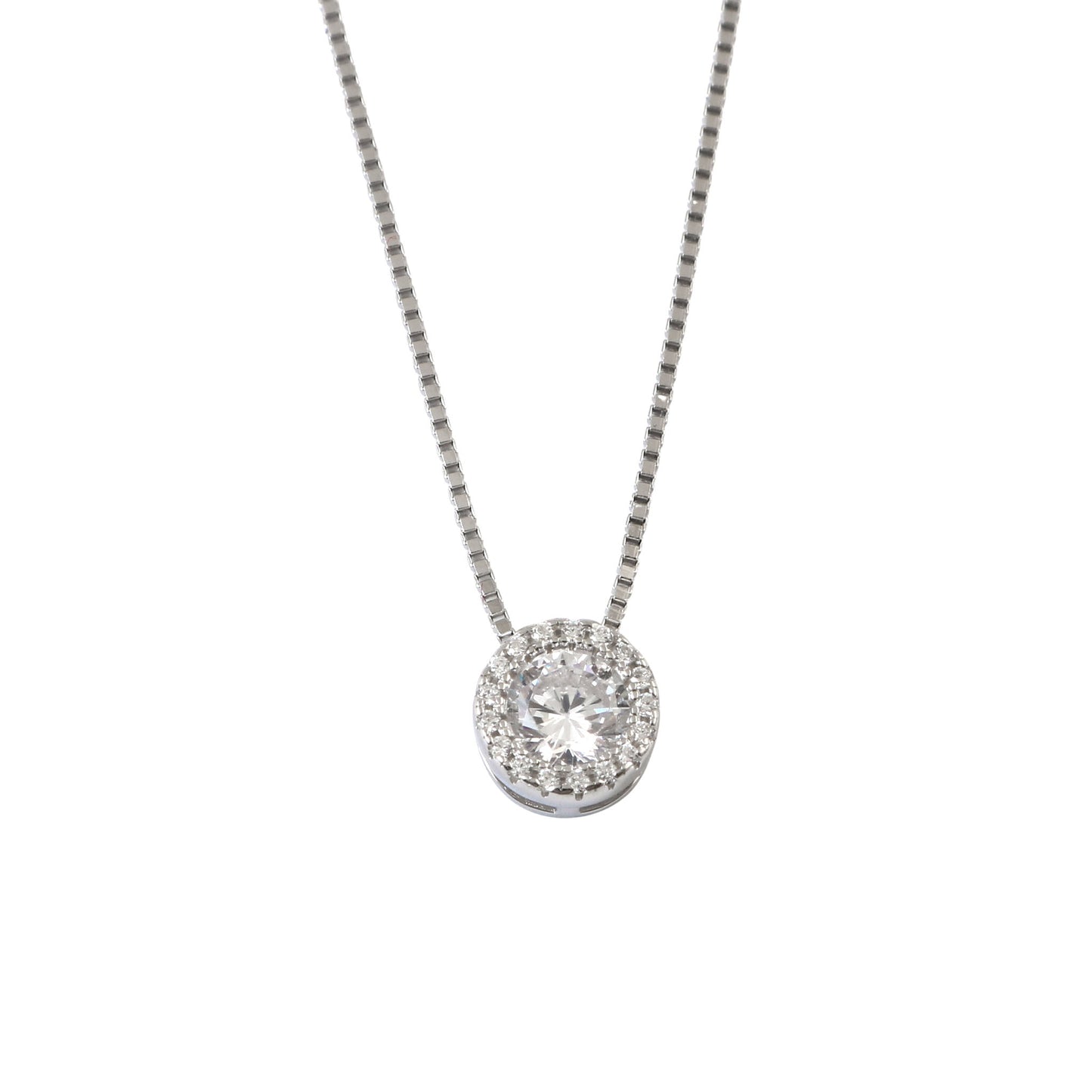 925 Silver Round Halo CZ Pendant Necklace