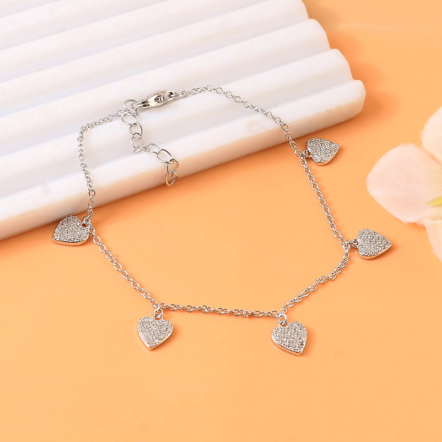 Silver Heart Charm Bracelet with CZ Stones – Dainty Adjustable Chain Bracelet for Women