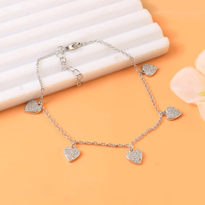 Silver Heart Charm Bracelet with CZ Stones – Dainty Adjustable Chain Bracelet for Women