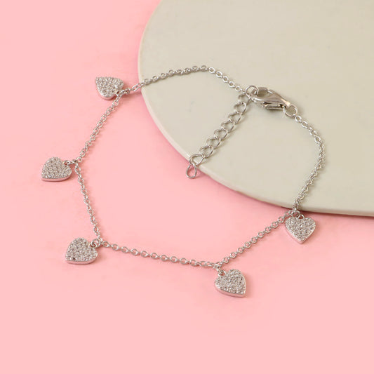 Silver Heart Charm Bracelet with CZ Stones – Dainty Adjustable Chain Bracelet for Women