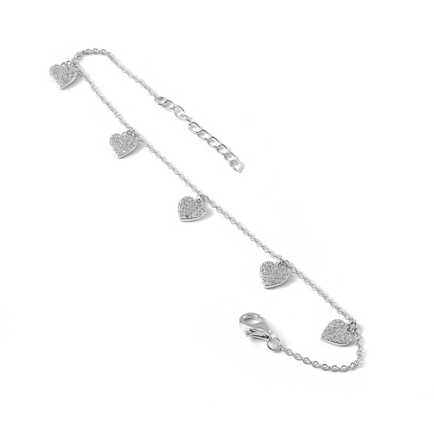 Silver Heart Charm Bracelet with CZ Stones – Dainty Adjustable Chain Bracelet for Women