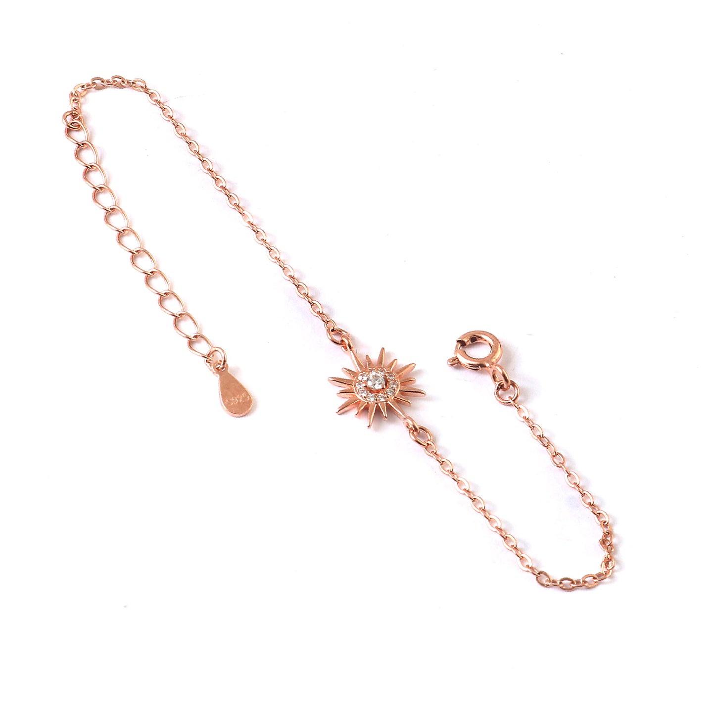 Rose Gold Sun Charm Bracelet with CZ Stone – Dainty Adjustable Chain Bracelet for Women