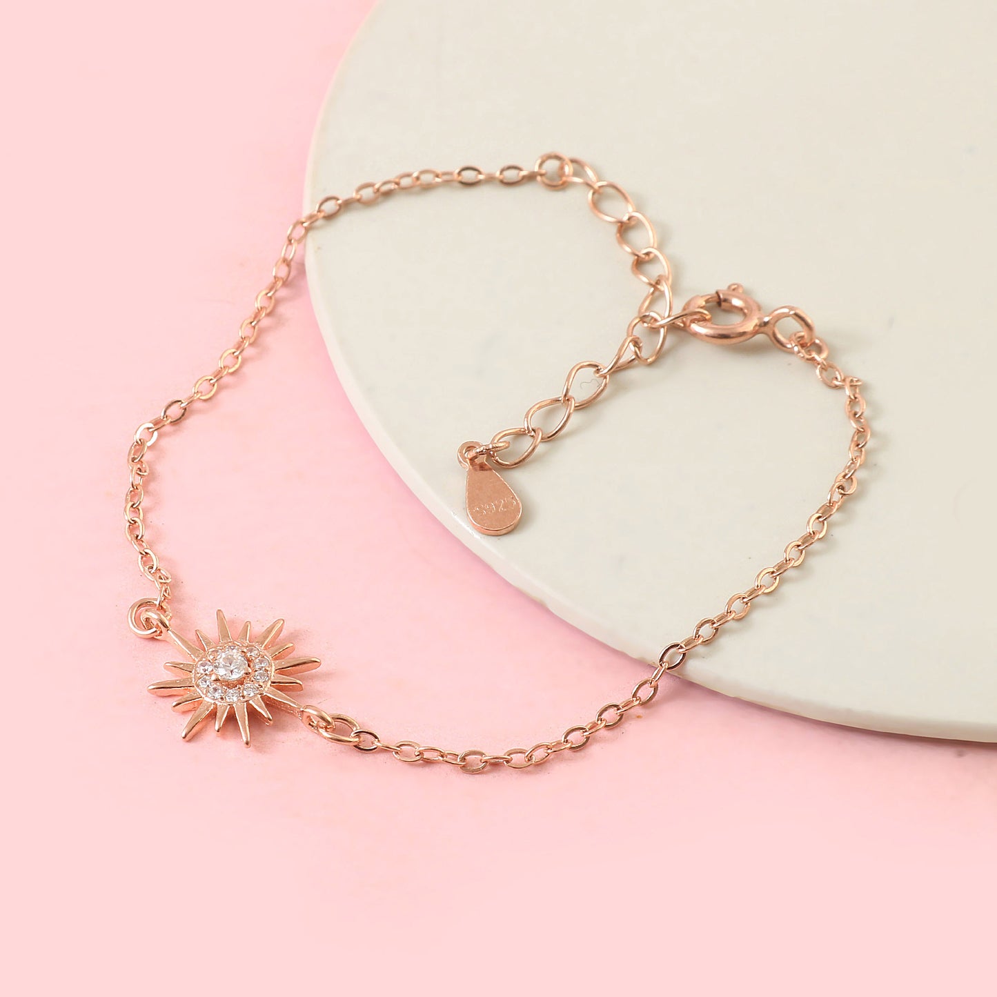 Rose Gold Sun Charm Bracelet with CZ Stone – Dainty Adjustable Chain Bracelet for Women