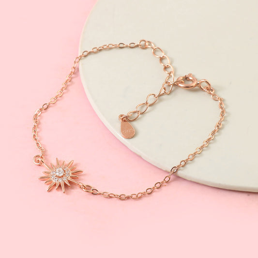 Rose Gold Sun Charm Bracelet with CZ Stone – Dainty Adjustable Chain Bracelet for Women