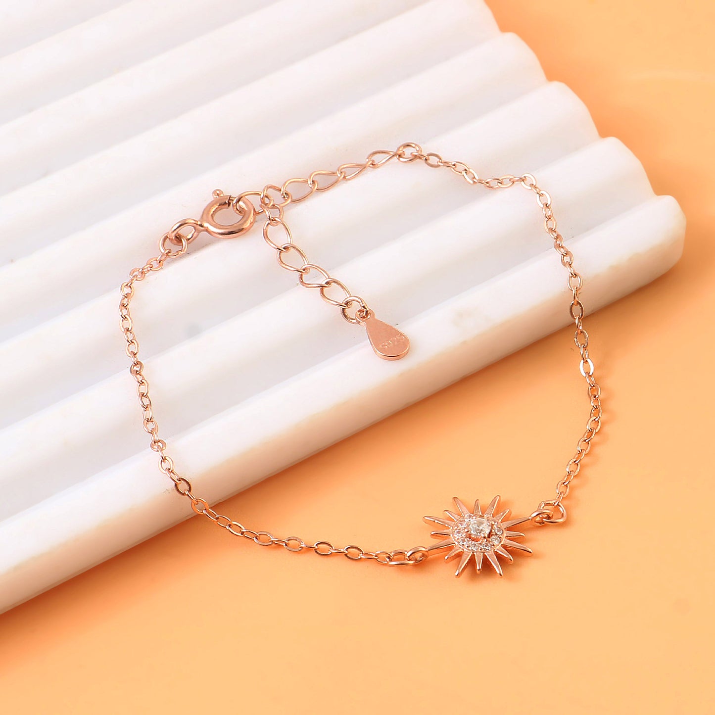 Rose Gold Sun Charm Bracelet with CZ Stone – Dainty Adjustable Chain Bracelet for Women