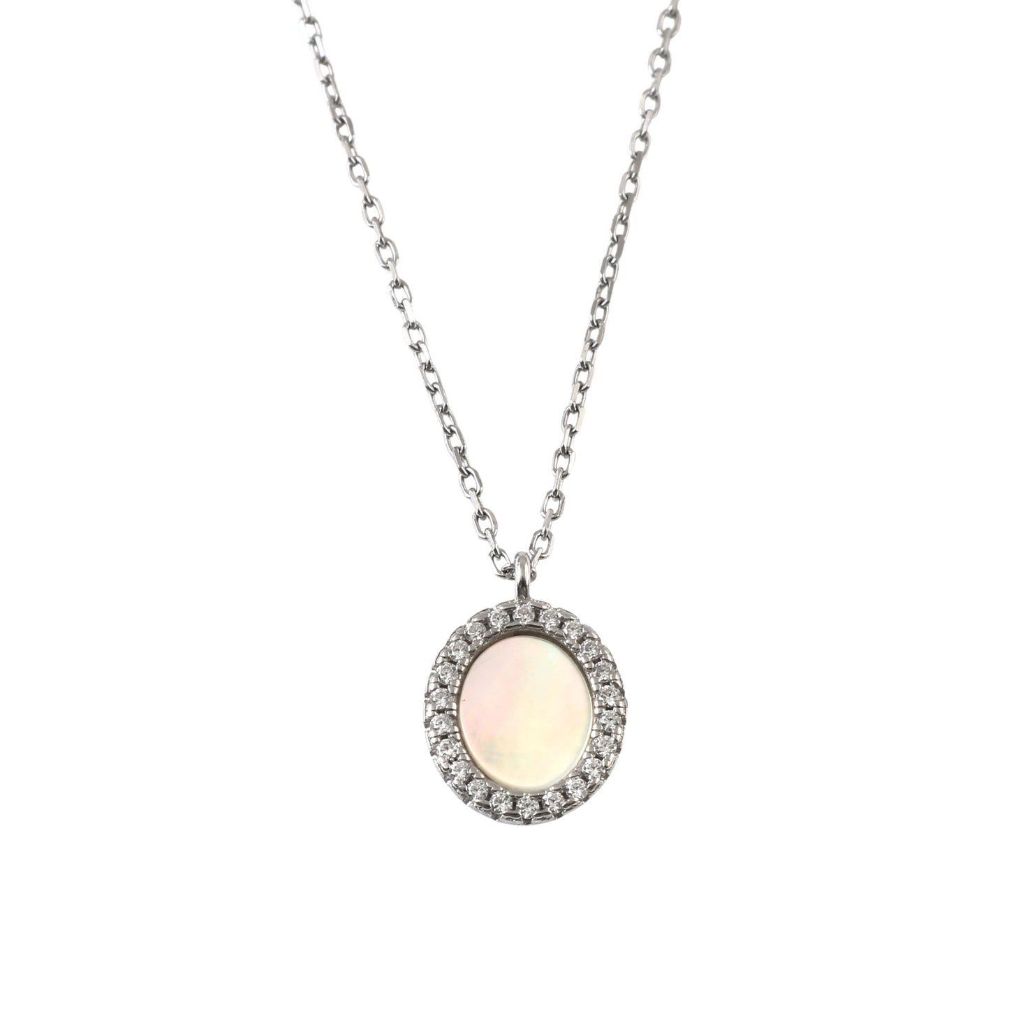 925 Silver Opal Halo Pendant Necklace with CZ Accents