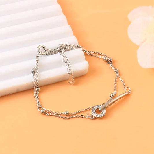 Sterling Silver Dual Chain Bracelet – CZ Loop Charm Adjustable Bracelet for Women