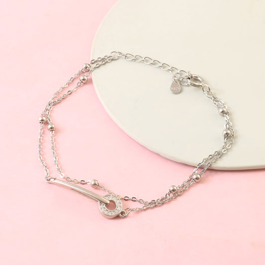 Sterling Silver Dual Chain Bracelet – CZ Loop Charm Adjustable Bracelet for Women