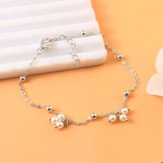 Sterling Silver Pearl Beaded Bracelet – Dainty Adjustable Chain Bracelet for Women