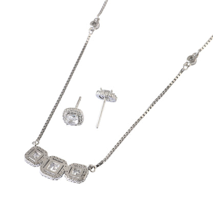 925 Silver Square Halo Necklace & Stud Earrings Set