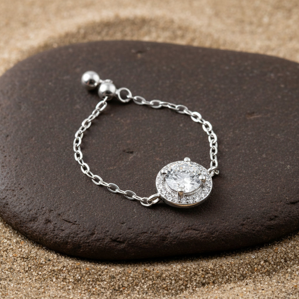 Sterling Silver Adjustable Ring | Round Solitaire Halo CZ | 925 Silver Dainty Ring | Everyday Elegant Jewelry