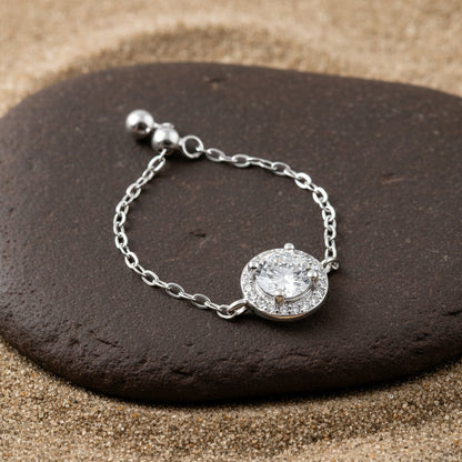Sterling Silver Adjustable Ring | Round Solitaire Halo CZ | 925 Silver Dainty Ring | Everyday Elegant Jewelry