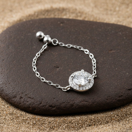 Sterling Silver Adjustable Ring | Round Solitaire Halo CZ | 925 Silver Dainty Ring | Everyday Elegant Jewelry