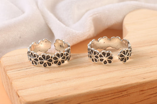 925 Silver Adjustable Floral Toe Rings – Handmade Oxidized Boho Foot Jewelry