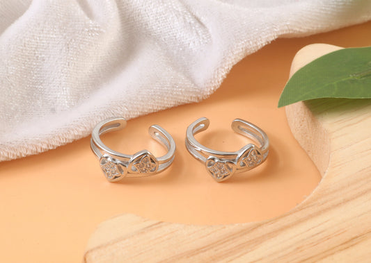 925 Silver Adjustable Heart Toe Rings with Clear Cubic Zirconia – Handmade Romantic Foot Jewelry