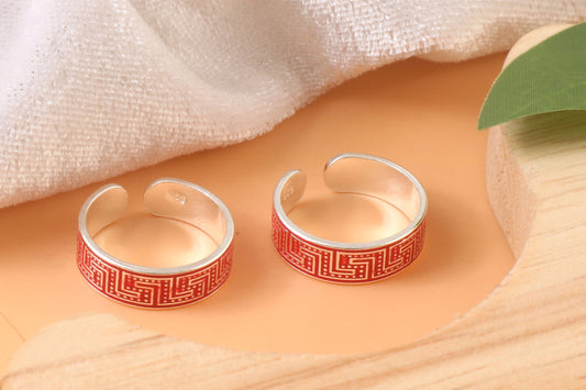 925 Silver Adjustable Toe Rings with Red Enamel Pattern – Handmade Ethnic Foot Jewelry
