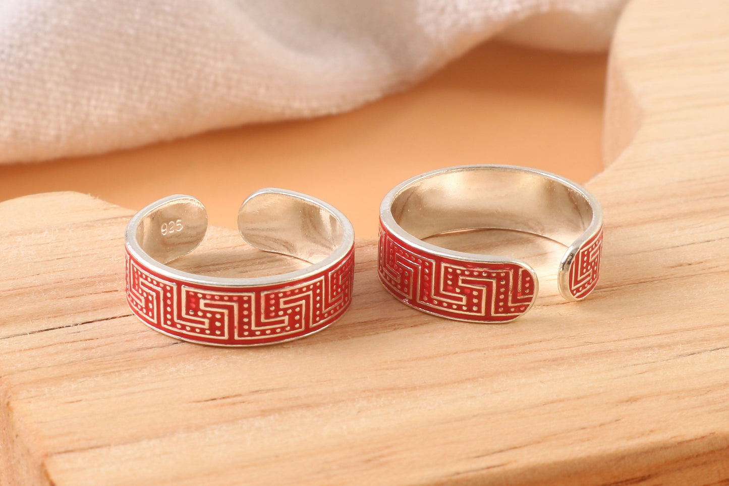 925 Silver Adjustable Toe Rings with Red Enamel Pattern – Handmade Ethnic Foot Jewelry