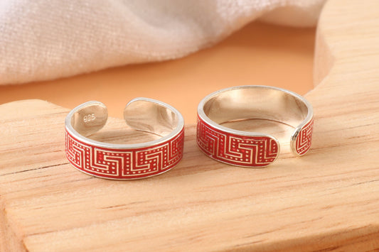 925 Silver Adjustable Toe Rings with Red Enamel Pattern – Handmade Ethnic Foot Jewelry