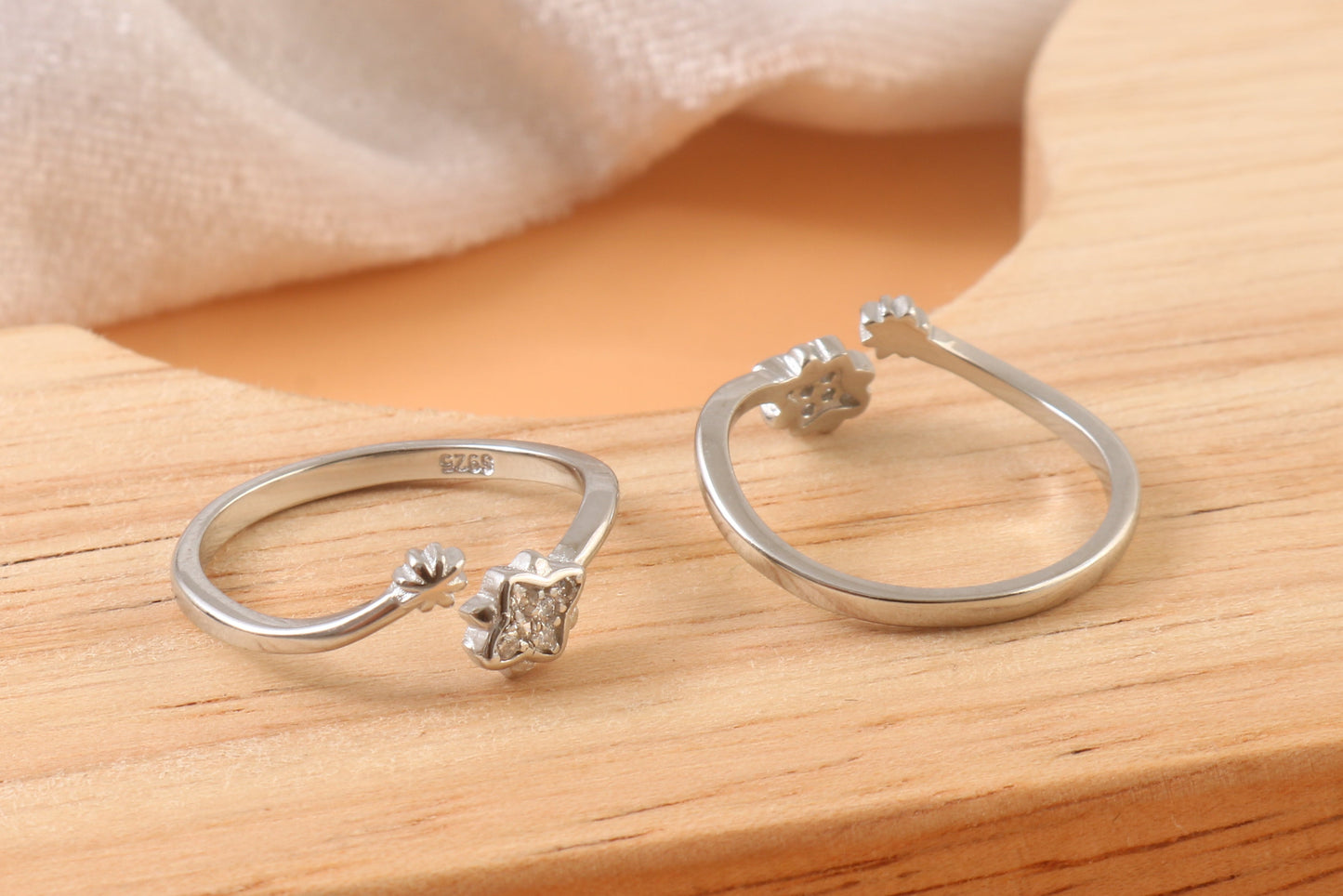 925 Silver Adjustable Ring with Clear Cubic Zirconia Stones – Handmade Minimalist Jewelry