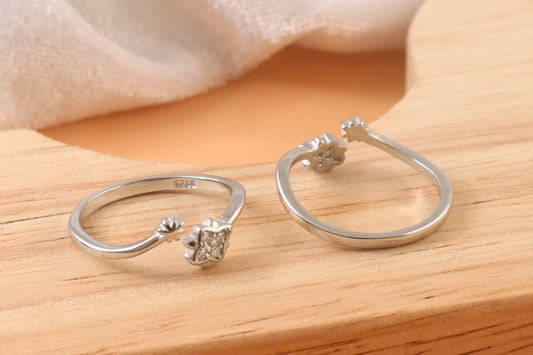 925 Silver Adjustable Ring with Clear Cubic Zirconia Stones – Handmade Minimalist Jewelry