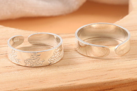 925 Sterling Silver Adjustable Toe Ring | Floral Engraved Wide Band Foot Jewelry | Handmade Boho Ethnic Style