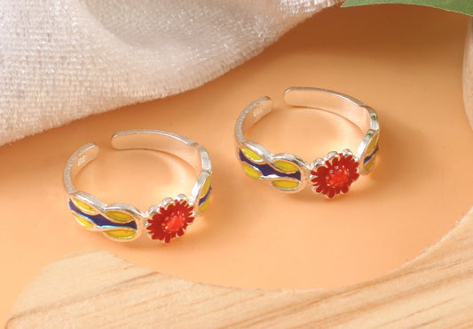 Red Enamel Flower Adjustable Silver Ring | Handcrafted 925 Sterling Silver Colorful Band