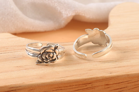 925 Sterling Silver Adjustable Rose Flower Toe Ring | Open Band Boho Floral Ring