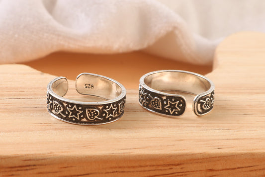 925 Silver Adjustable Toe Ring with Star, Heart & Moon Design – Handmade Boho Jewelry