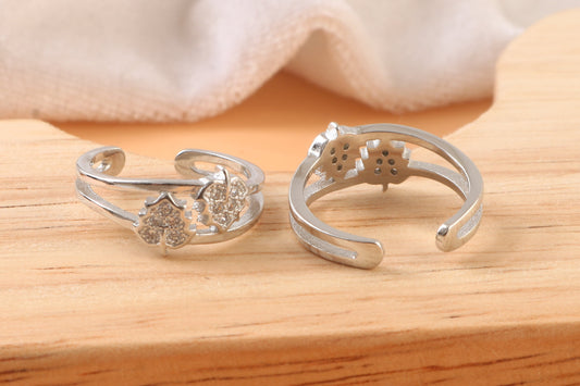 925 Sterling Silver Adjustable Toe Ring with Floral Design and Sparkling CZ Stones