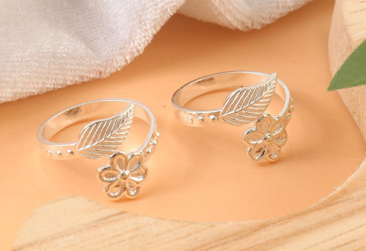 Sterling Silver Leaf & Flower Adjustable Toe Ring | Boho Floral 925 Silver Jewelry