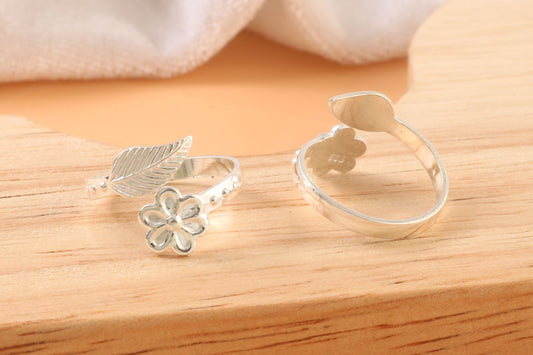 Sterling Silver Leaf & Flower Adjustable Toe Ring | Boho Floral 925 Silver Jewelry